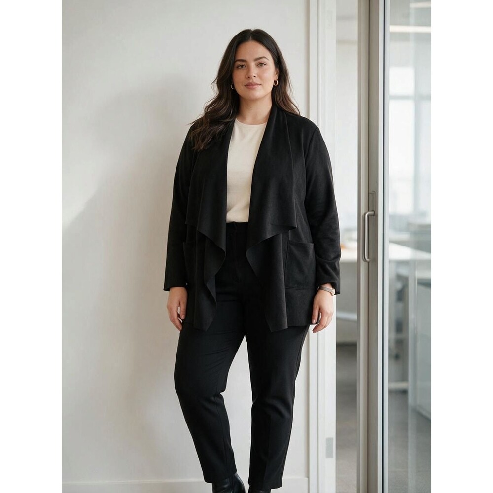 Philosophy Black Faux Suede Waterfall Open Jacket 2X Edgy Classic Work Office